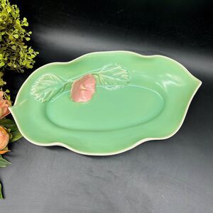 Vintage Matte Green California Pottery Oval Dish with Pink Flower